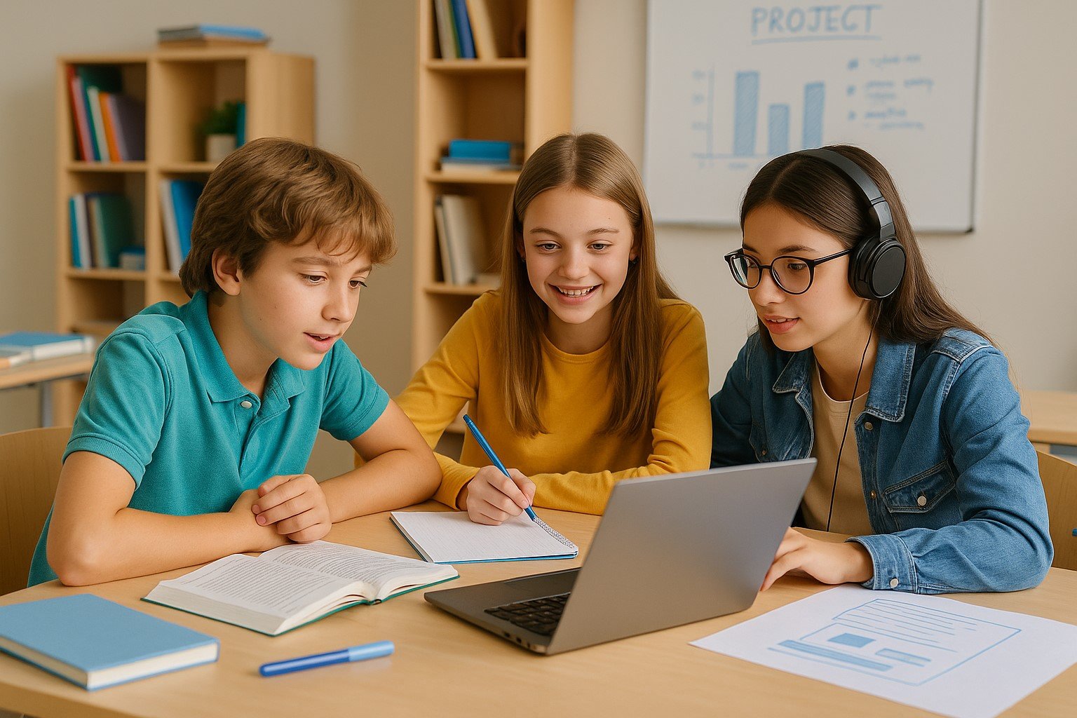 Pre-adolescentes colaborando en un proyecto de inglés en Toolset